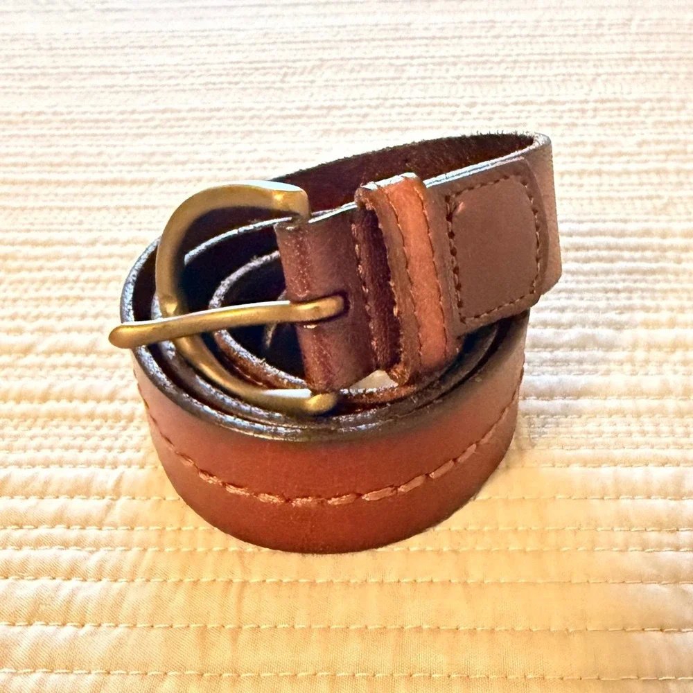 Abercrombie & Fitch Women's Brown Leather Whipstitch Belt Brass Buckle Size S/M